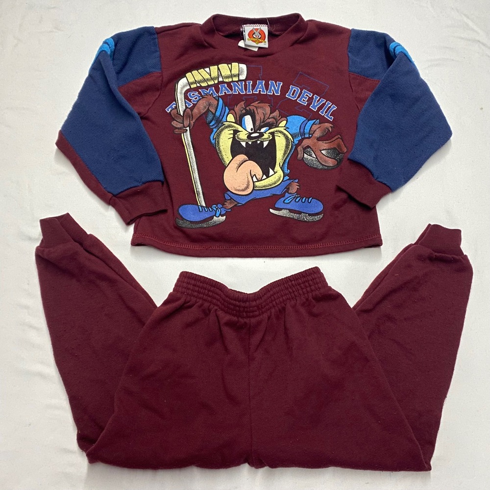 Vintage 1997 Looney Tunes Tasmanian Devil Hockey Sweatsuit Set Toddler 4 Maroon